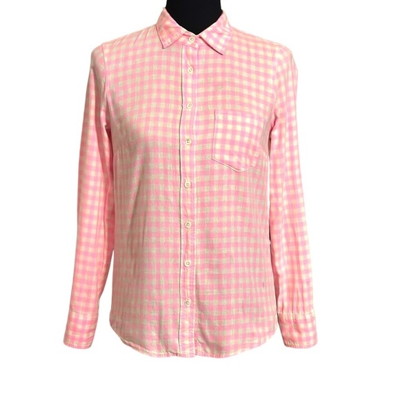 J Crew Gingham Checkered Button Up Boy Shirt  Barbie Pink & White Size 0 EUC - Picture 1 of 13